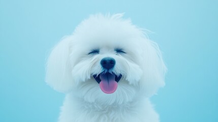 Obraz premium Content fluffy white dog on blue background