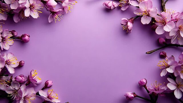 Purple background with cherry blossoms creating an elegant floral border for various design uses