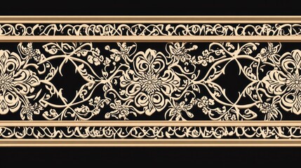 Elegant Floral Damask Border: A seamless border pattern featuring intricate floral designs in beige against a rich black background.