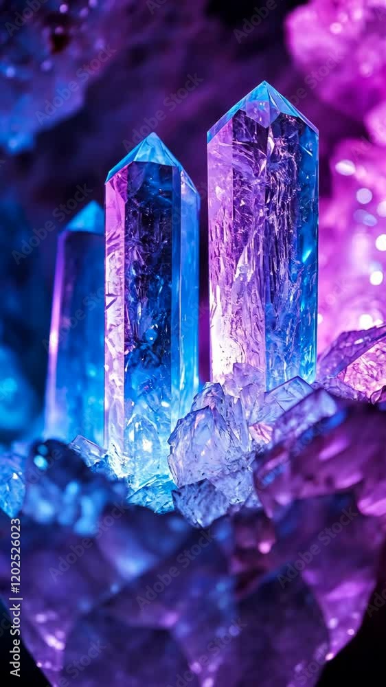 Poster beautiful collection of vibrant crystal formations illuminated with colorful lights in a dark settin