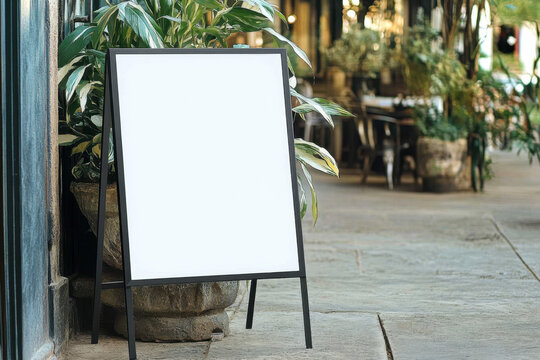 Blank white outdoor advertising stand or sandwich board mockup template. Clear street signage board placed by some pots of plants. Background texture of standee at the entrance of shop or building.