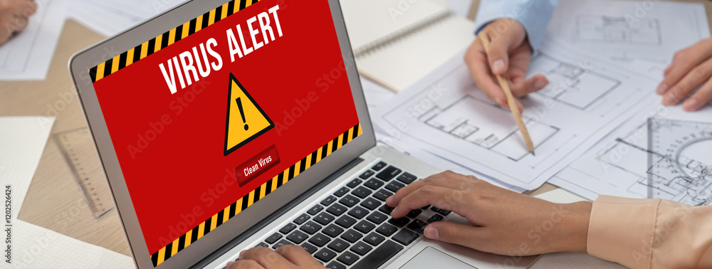 Poster virus warning alert on computer screen detected brisk cyber threat , hacker, computer virus and malw