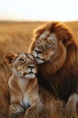 Fototapeta premium Lions cuddling at sunset. AI.