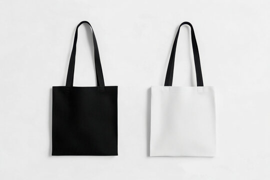 White and black tote bags mockup on a grey background. 
