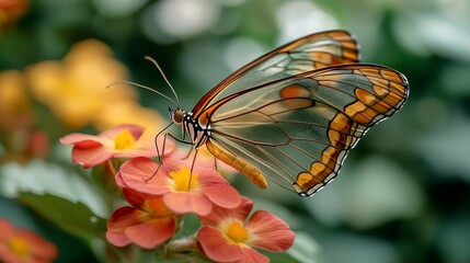 Close up of a Glasswing Butterfly on a vibrant orange flower in a garden