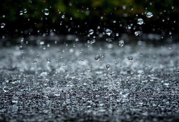 Raindrops falling in the ground, wet pavement, stormy rain, realistic scenery