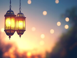 Obraz premium Illuminated Ramadan Lanterns Hanging at Sunset