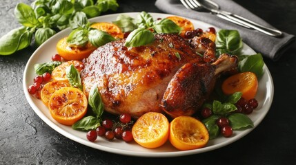 Elegant confit duck leg with colorful garnishes