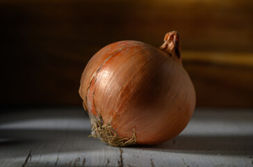 Artistic close-up of a rustic onion resting on a weathered wooden surface in soft natural light