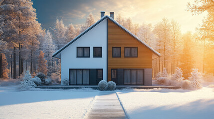photo of a house divided into two seasons, cold winter and warm summer