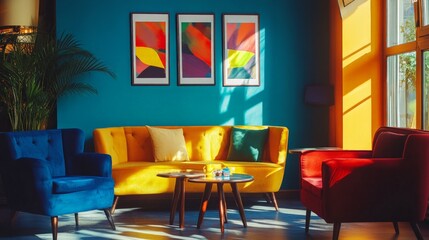 Modern Vibrant Lounge with Colorful Furniture and Bright Walls