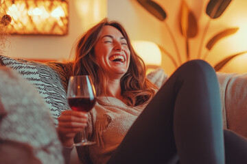 Happy woman sitting on a cozy sofa holding a glass of red wine in a warmly lit home interior