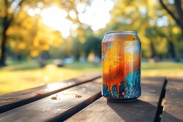 Colorful can on park bench, autumn leaves background
