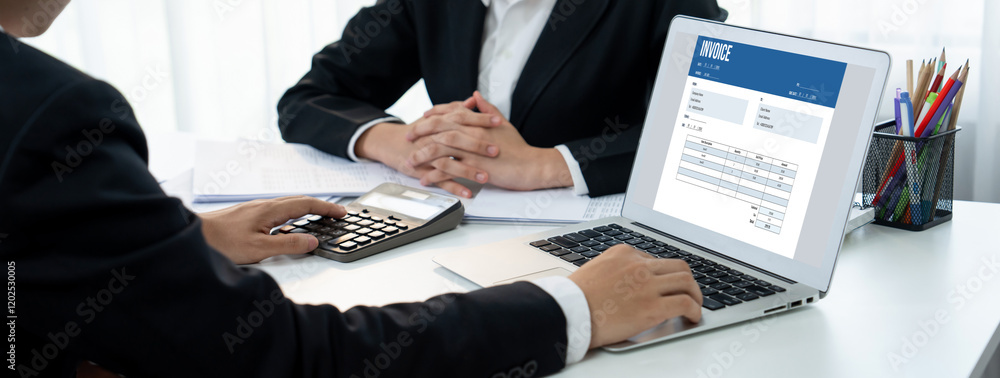 Poster invoice on computer screen from accounting application. computer program for financial and budget of