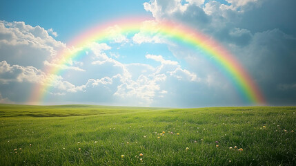 Naklejka premium Colorful rainbow arcing across green fields under a cloudy sky with soft natural light