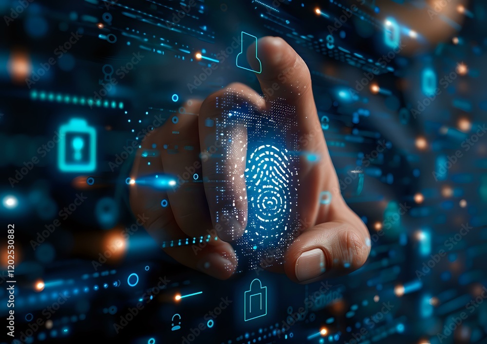 Poster digital fingerprint scanning technology with futuristic interface, cyber security concept showing bi