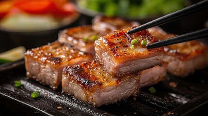 Grilled pork belly with vegetables and chopsticks