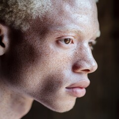 Portrait of a handsome African albino man with deep eyes against a blurred background. African albino man with a rich skin tone.