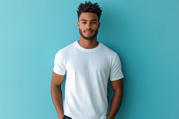 T-shirt mockup with young cute African American guy on turquoise background. Mockup for print application