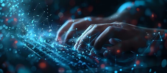 Hands typing on keyboard with futuristic digital network visualization overlay, glowing blue technology concept perfect for cybersecurity and artificial intelligence themes.