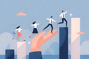 Fototapeta premium Growth assistance, support or help to success, growing business, career path or leadership helping employee achievement, manager support concept, businessman hand help people climb growth graph.