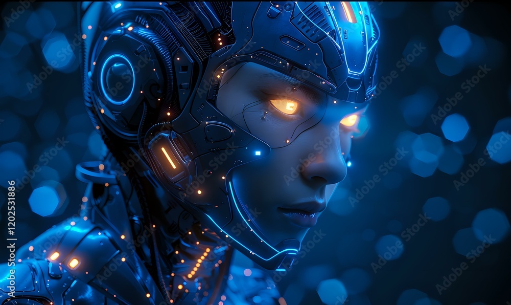 Poster futuristic cybernetic being with glowing elements and technological enhancements against dark backgr