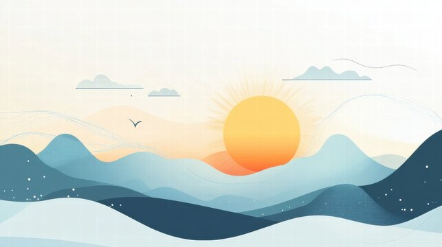 Nature inspired planner layout featuring abstract sun, clouds, and mountains for creative organization and reflection. Generative AI