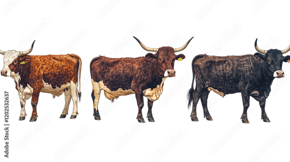 Poster collection of three distinct cattle breeds isolated generative ai