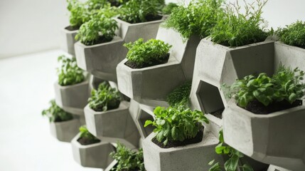 Fototapeta premium Living wall made of modular planters filled with lush greenery, creating a sustainable architectural feature
