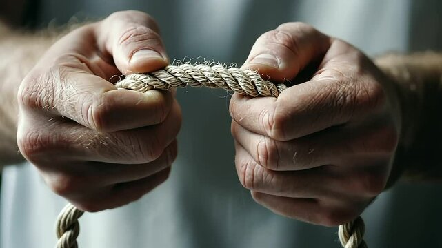 1_Bound Hands Gripping Rope in Dimly Lit Room