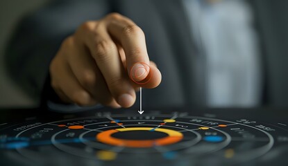 Business professional pointing at circular data visualization dashboard, demonstrating strategic target achievement and performance metrics in modern corporate setting.