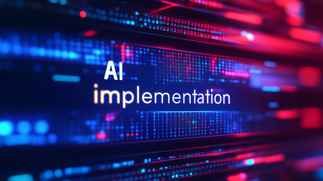 Ai implementation text on blurry lines of code, integration of artificial intelligence in business operations concept