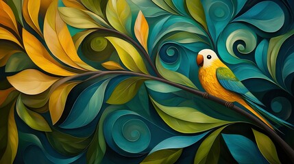 Obraz premium Image of a bird perched on a branch against a backdrop of blue, yellow, and green