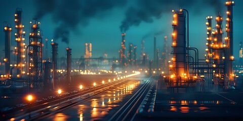 Fototapeta premium Industrial night panorama of oil refinery with illuminated equipment and railway tracks reflecting in wet surface during rainy weather. Atmospheric petrochemical plant view.