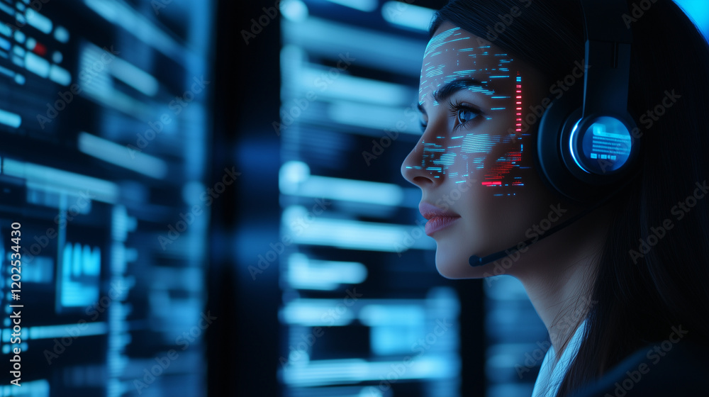 Poster a futuristic woman wearing a sleek digital headset with glowing interfaces, her holographic display 