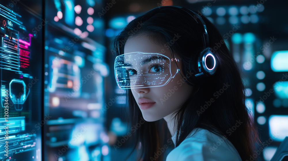 Poster a futuristic woman with a transparent headset displaying dynamic holograms, blending seamlessly with