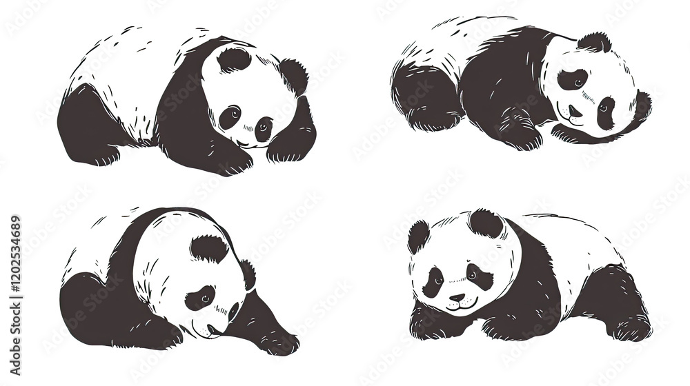 Poster cute pandas in various poses on transparent background generative ai