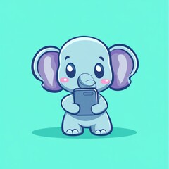 Fototapeta premium Cute baby elephant using phone; turquoise background; app icon