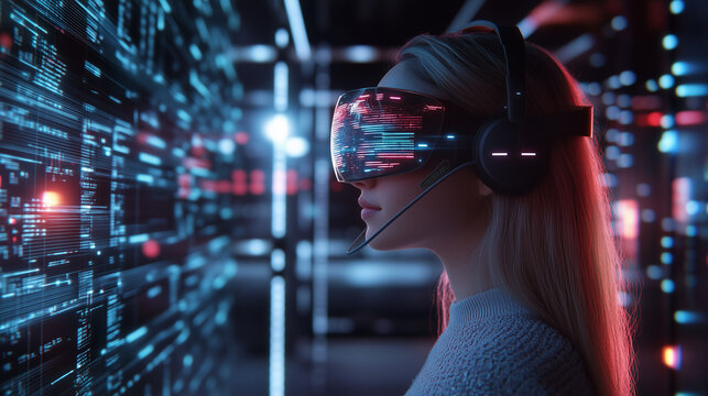A high-tech scene of a woman in a futuristic call center, her digital headset projecting a holographic AI assistant, surrounded by floating data streams and glowing cybernetic pane
