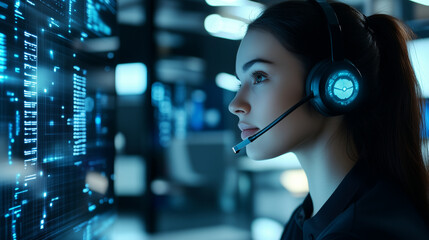 A dynamic image of a futuristic woman with an ergonomic, glowing headset and holographic AI tools surrounding her, symbolizing efficiency and advancement in a modern call center