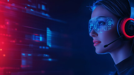 A dynamic image of a futuristic woman with an ergonomic, glowing headset and holographic AI tools surrounding her, symbolizing efficiency and advancement in a modern call center
