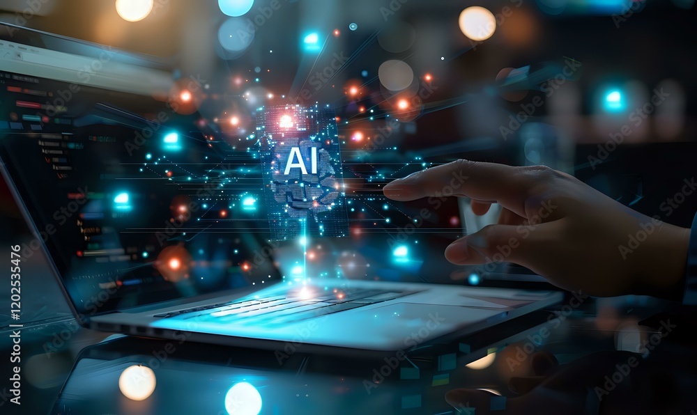 Poster futuristic artificial intelligence concept with glowing ai text hologram and digital network connect