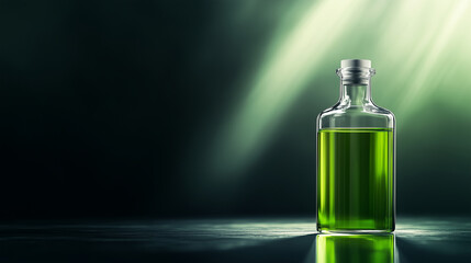 A vibrant green liquid in a glass flask resting on a reflective surface, with beams of light highlighting its brilliance, symbolizing breakthroughs in sustainable science