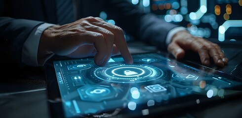 Obraz premium Businessman hands working on futuristic digital tablet with glowing cyber security interface, perfect for technology and data protection concepts in corporate settings.
