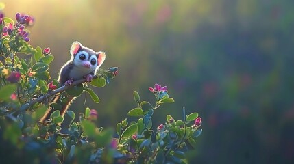  A small animal perched on a tree branch with purple flowers below and a sunbeam behind it
