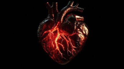 Human heart anatomical model with glowing arteries and veins displayed against black background. Generative AI