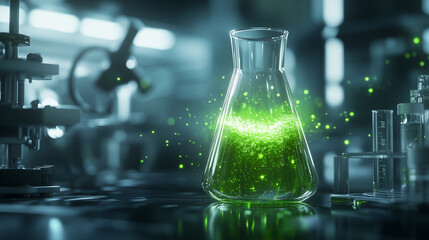 Naklejka premium A visually striking green liquid glowing inside a glass flask, with reflections of futuristic lab tools and soft, dynamic light patterns symbolizing environmental progress