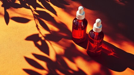 Red glass droppers with shadows on orange surface