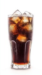 Refreshing cola glass with ice on white background