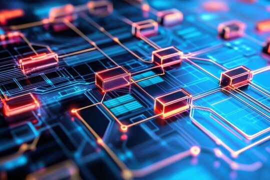 Futuristic Abstract Circuit Board with Bright Neon Lines and Geometric Shapes in a Digital Environment Highlighting Modern Technology and Innovation - Powered by Adobe